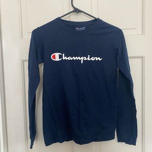 Champion long sleeve navy logo tee, size youth large, excellent used condition